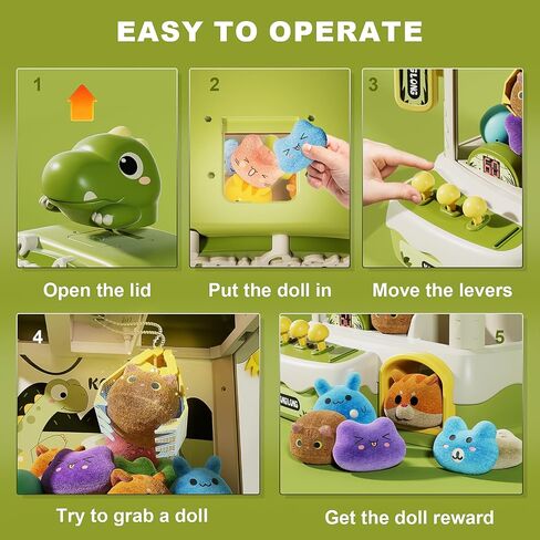 Dinosaur Claw Machine for Kids,Electronic Arcade Game Machine with Music,Mini Vending Machine Boys Birthday Toys Gifts Age 3+ Years,Includes 10 Plush Toys & 12 Dinosaur Accessories in Saudi Arabia