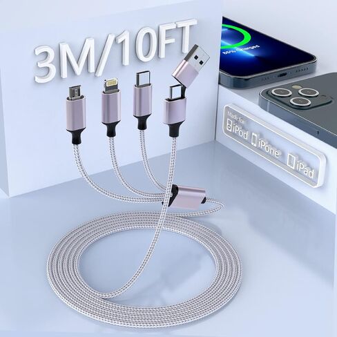 MTAKYI 3M/10FT USB C to Multi Charging Cable, 3-in-2 Braided Multi Charging Cable USB A/C to iPhone/USB C/Micro USB Connector Fast Charging Cord Compatible with Laptop/Tablet/Phone in Saudi Arabia