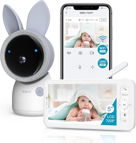 شاشة مراقبة الطفل الذكية ARENTI، 4MP 5 بوصة HD 2.4G&5G WiFi مراقبة الطفل مع الكاميرا والصوت، رؤية ليلية بالأشعة تحت الحمراء، ضوء ليلي، صوت ثنائي الاتجاه، كشف البكاء والحركة، مستشعر درجة الحرارة، التحكم في التطبيق in Kuwait