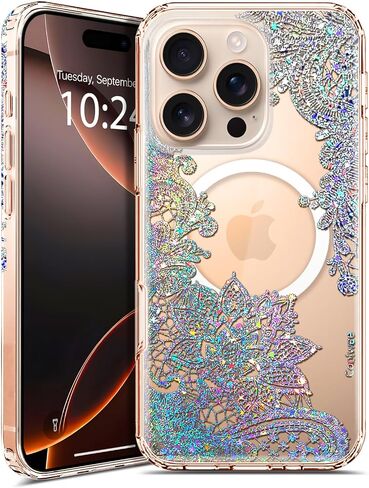Coolwee Magnetic for iPhone 16 Pro Case, Compatible with MagSafe, Cute for Women Girls, 6.6FT Military Grade Protective Cover for iPhone 16 Pro Case Glitter Crystal Lace Mandala, Clear Bling Floral in Kuwait