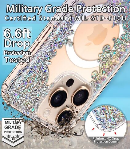 Coolwee Magnetic for iPhone 16 Pro Case, Compatible with MagSafe, Cute for Women Girls, 6.6FT Military Grade Protective Cover for iPhone 16 Pro Case Glitter Crystal Lace Mandala, Clear Bling Floral in Kuwait