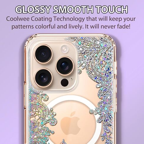 Coolwee Magnetic for iPhone 16 Pro Case, Compatible with MagSafe, Cute for Women Girls, 6.6FT Military Grade Protective Cover for iPhone 16 Pro Case Glitter Crystal Lace Mandala, Clear Bling Floral in Kuwait
