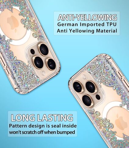 Coolwee Magnetic for iPhone 16 Pro Case, Compatible with MagSafe, Cute for Women Girls, 6.6FT Military Grade Protective Cover for iPhone 16 Pro Case Glitter Crystal Lace Mandala, Clear Bling Floral in Kuwait