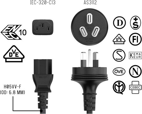 سلك طاقة KKE AU IEC 60320 C13 (غلاية)، 6 أقدام، سلك طاقة أستراليا 18 AWG (IEC-320-C13 إلى AS3112)، كابل إمداد الطاقة للكمبيوتر/التلفزيون/الشاشة in Kuwait