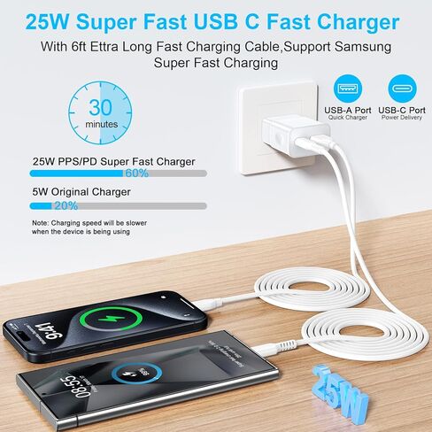 شاحن سريع لهاتف Samsung Galaxy A15 5g A14 A13 A53 A54 A55 A35 A25 A03s S24 Ultra S23 FE S22 S21 S20 Z Flip 6 Z Fold 6، Google Pixel 9 Pro XL Fold 8a 7a 6 Pro، شاحن حائط USB C 25 وات، كابل USB C 6FT in Kuwait