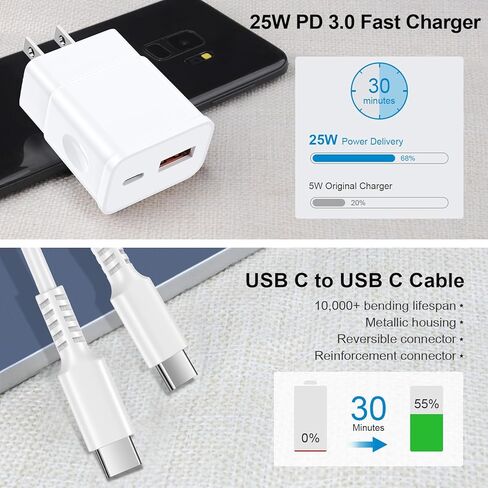 شاحن سريع لهاتف Samsung Galaxy A15 5g A14 A13 A53 A54 A55 A35 A25 A03s S24 Ultra S23 FE S22 S21 S20 Z Flip 6 Z Fold 6، Google Pixel 9 Pro XL Fold 8a 7a 6 Pro، شاحن حائط USB C 25 وات، كابل USB C 6FT in Kuwait