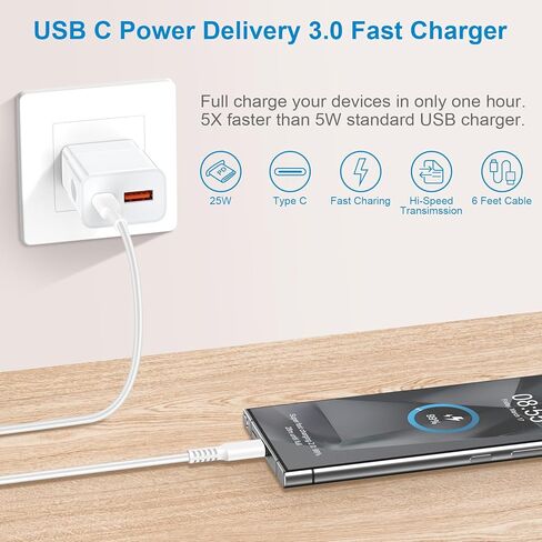 شاحن سريع لهاتف Samsung Galaxy A15 5g A14 A13 A53 A54 A55 A35 A25 A03s S24 Ultra S23 FE S22 S21 S20 Z Flip 6 Z Fold 6، Google Pixel 9 Pro XL Fold 8a 7a 6 Pro، شاحن حائط USB C 25 وات، كابل USB C 6FT in Kuwait