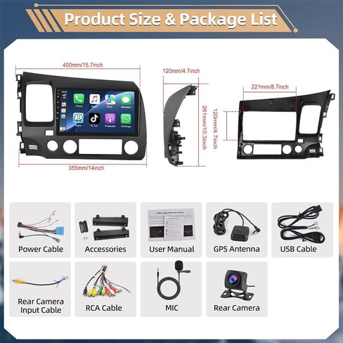 Podofo 8 Core [2+64G] Car Stereo Radio for Honda Civic 2006-2011 with Wireless CarPlay Android Auto 9" Touch Screen Bluetooth Audio with GPS Navigation Mirror Link WiFi EQ RDS Hi-Fi Backup Camera MIC in Saudi Arabia