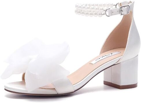 Pearl Heels Wedding Sandals with Bow Block Heel Wedding Shoes for Bride Bridal Heels in Kuwait