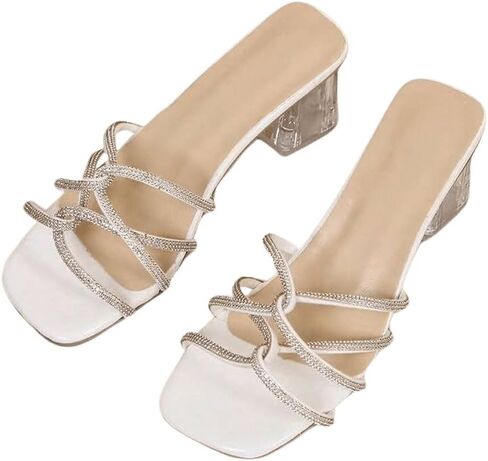 OYOANGLE Women's Square Toe Criss Cross Strappy Low Heeled Sandals Rhinestone Clear Block Heel Slippers in Saudi Arabia