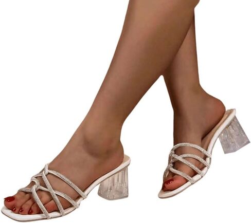 OYOANGLE Women's Square Toe Criss Cross Strappy Low Heeled Sandals Rhinestone Clear Block Heel Slippers in Saudi Arabia
