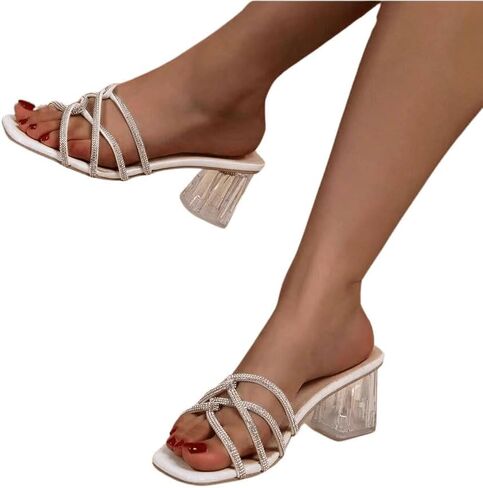 OYOANGLE Women's Square Toe Criss Cross Strappy Low Heeled Sandals Rhinestone Clear Block Heel Slippers in Saudi Arabia