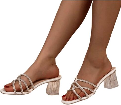 OYOANGLE Women's Square Toe Criss Cross Strappy Low Heeled Sandals Rhinestone Clear Block Heel Slippers in Saudi Arabia