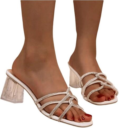 OYOANGLE Women's Square Toe Criss Cross Strappy Low Heeled Sandals Rhinestone Clear Block Heel Slippers in Saudi Arabia