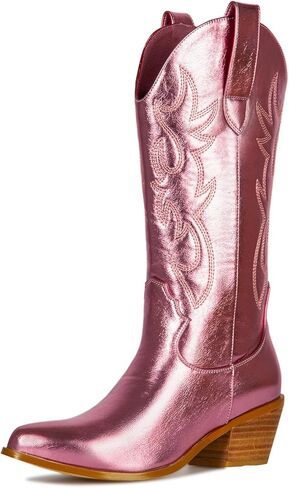 MUCCCUTE Women's Cowboy Embroidered Western Mid Calf Boots, Pointed Toe Medium Chunky Heel 5cm Stitching Pull-on Cowgirl Boots in Saudi Arabia