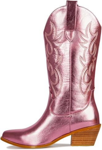 MUCCCUTE Women's Cowboy Embroidered Western Mid Calf Boots, Pointed Toe Medium Chunky Heel 5cm Stitching Pull-on Cowgirl Boots in Saudi Arabia