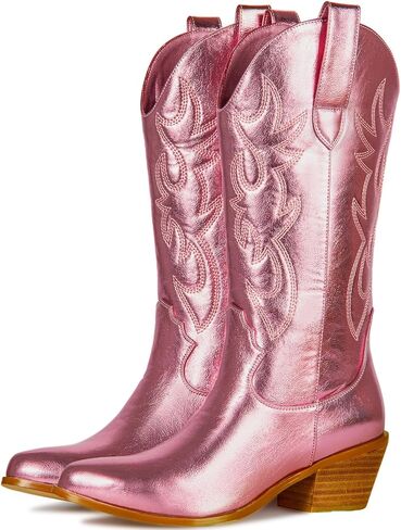 MUCCCUTE Women's Cowboy Embroidered Western Mid Calf Boots, Pointed Toe Medium Chunky Heel 5cm Stitching Pull-on Cowgirl Boots in Saudi Arabia