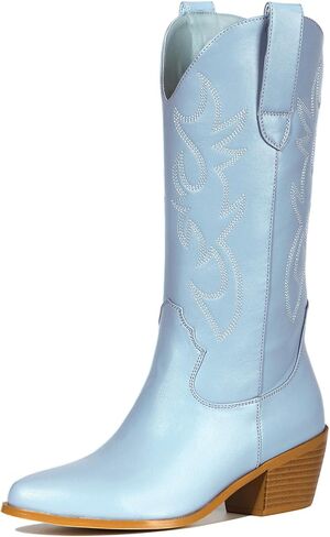 MUCCCUTE Women's Cowboy Embroidered Western Mid Calf Boots, Pointed Toe Medium Chunky Heel 5cm Stitching Pull-on Cowgirl Boots in Saudi Arabia
