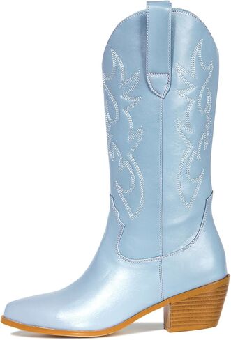 MUCCCUTE Women's Cowboy Embroidered Western Mid Calf Boots, Pointed Toe Medium Chunky Heel 5cm Stitching Pull-on Cowgirl Boots in Saudi Arabia