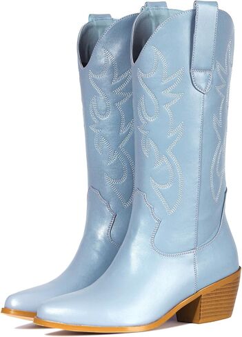 MUCCCUTE Women's Cowboy Embroidered Western Mid Calf Boots, Pointed Toe Medium Chunky Heel 5cm Stitching Pull-on Cowgirl Boots in Saudi Arabia