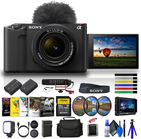 Sony Alpha ZV-E1 Full-Frame Vlog Mirrorless Lens Camera with 28-60mm Lens - Black (ILCZVE1L/B) + 4K Monitor + Pro Mic + 64GB Card + Filter Kit + Bag + NP-FZ100 Compatible Battery + More (Renewed) in Saudi Arabia