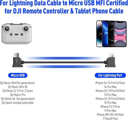USB Micro to iOS DJI Remote Controller Cable for DJI Mavic Mini(1st Gen) Mini SE DJI Mavic Pro Spark 2 Pro Zoom Mavic Air OTG Data Cord for iPhone 14 Plus 13 Pro Max 12 XR (iOS Connector) 1FT in Saudi Arabia