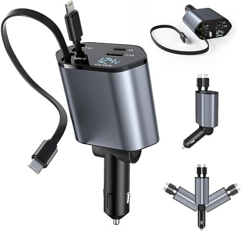Retractable Car Charger 120W, 4 in 1 Fast Charge Car Phone Charger, Retractable Cable (31.5 inch) and 2 USB Ports Car Charger Adapter Compatible with iPhone 15/14/13/12 Pro Max XR,iPad,Pixel in Saudi Arabia
