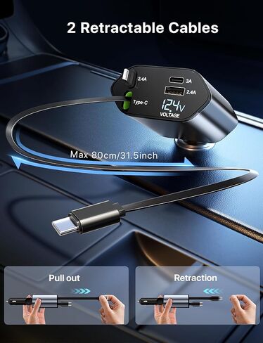 Retractable Car Charger 120W, 4 in 1 Fast Charge Car Phone Charger, Retractable Cable (31.5 inch) and 2 USB Ports Car Charger Adapter Compatible with iPhone 15/14/13/12 Pro Max XR,iPad,Pixel in Saudi Arabia