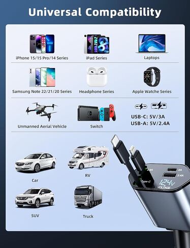 Retractable Car Charger 120W, 4 in 1 Fast Charge Car Phone Charger, Retractable Cable (31.5 inch) and 2 USB Ports Car Charger Adapter Compatible with iPhone 15/14/13/12 Pro Max XR,iPad,Pixel in Saudi Arabia