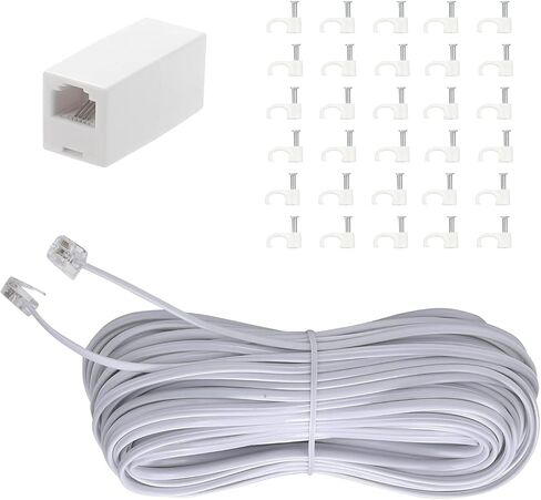 25Feet Long Telephone Extension Cord Phone Cable Line Wire, with Standard RJ11 Plug and 1 in-Line Couplers and 25 Cable Clip Holders-White 7.6M in Saudi Arabia