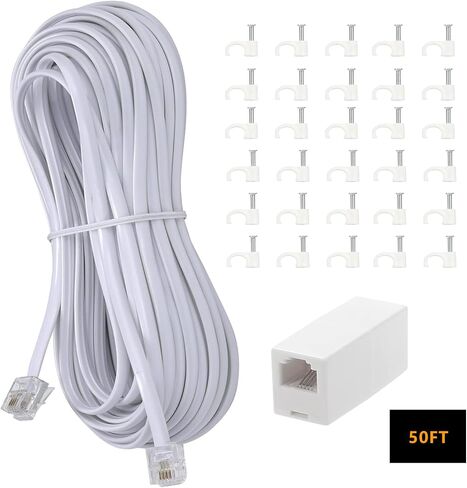 25Feet Long Telephone Extension Cord Phone Cable Line Wire, with Standard RJ11 Plug and 1 in-Line Couplers and 25 Cable Clip Holders-White 7.6M in Saudi Arabia