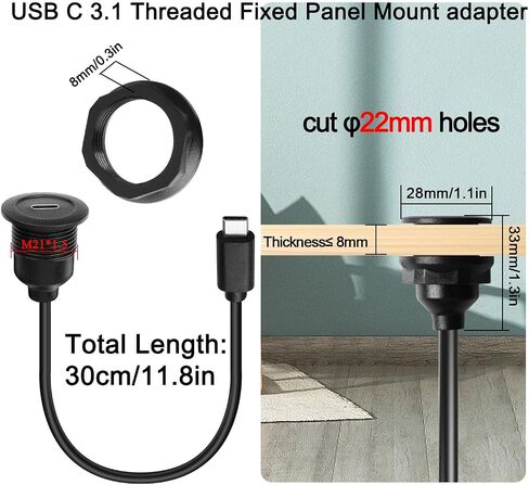 QIANRENON 10Gbps USB C 3.1 Threaded Fixed Mount Connector Short Cable PD 60W USB Type C 3.1 Male to Female Flush Mount Adapter,4K@60Hz Video 20V3A Fast Charge,for Car/RV/Boat Dashboard,30cm/11.8in in Saudi Arabia