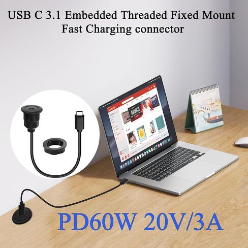 QIANRENON 10Gbps USB C 3.1 Threaded Fixed Mount Connector Short Cable PD 60W USB Type C 3.1 Male to Female Flush Mount Adapter,4K@60Hz Video 20V3A Fast Charge,for Car/RV/Boat Dashboard,30cm/11.8in in Saudi Arabia