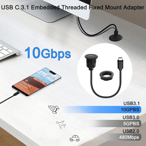 QIANRENON 10Gbps USB C 3.1 Threaded Fixed Mount Connector Short Cable PD 60W USB Type C 3.1 Male to Female Flush Mount Adapter,4K@60Hz Video 20V3A Fast Charge,for Car/RV/Boat Dashboard,30cm/11.8in in Saudi Arabia