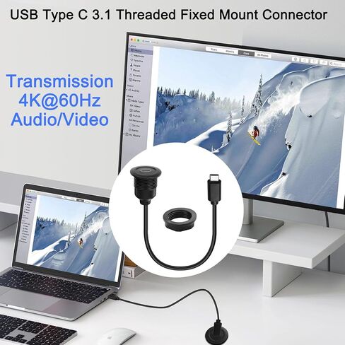 QIANRENON 10Gbps USB C 3.1 Threaded Fixed Mount Connector Short Cable PD 60W USB Type C 3.1 Male to Female Flush Mount Adapter,4K@60Hz Video 20V3A Fast Charge,for Car/RV/Boat Dashboard,30cm/11.8in in Saudi Arabia