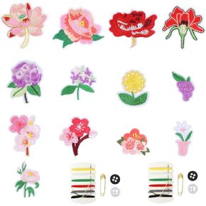 15 Pcs Mini Flowers Iron On Patches, Decorative Flower Patches, 13 Patterns Embroidered Patches with 2pcs Sewing Kit, Sew On/Iron On Patch Applique for Clothing, Jeans, Hat, Jacket, Pants
