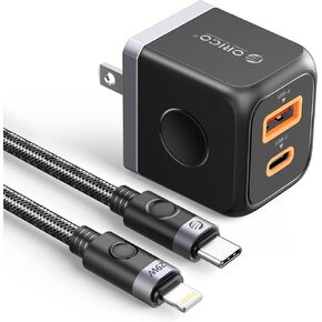ORICO GaN USB C Charger Block, 30W Power Delivery + QC3.0 USB A Double Port Fast Charging Adapter with Cable, Mini Wall Charger Compatible with iPhone 14 13 12 Pro Max Galaxy, iPad, MacBook Air