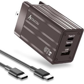 USB C Charger Block, 67W 65W Fast Charging Adapter, 3-Port GaN III Charger Foldable USB-C Wall Charger with 5ft Type C Cable for Phone 15, MacBook Pro/Air, iPad Pro, Galaxy S23/S22, Laptop