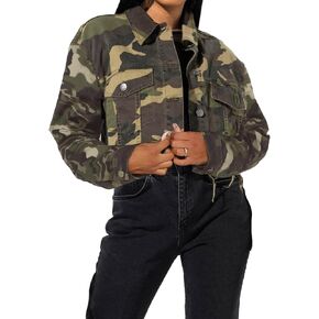 sexycherry Camo Jacket for Women Lightweight Camouflage Jackets Long Sleeve Frayed Coat with Pockets Button Down