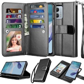 Njjex For Motorola Moto G 5G 2024 Wallet Case, For Moto G Play 5G 2024 Case, [9 Card Slots] PU Leather ID Credit Card Holder Folio Flip [Detachable] Kickstand Magnetic Phone Cover & Lanyard [Wine Red]