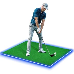 Golf Mat with LED Lights, 5x4ft Thickening Golf Hitting Mats, Home Golf Practice Mats with 10 Golf Balls for Indoor Outdoor, Golf Training Aid for Chipping Swing Driving, Golf Simulator