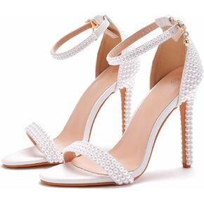 4.3'' Ivory Pearls Stiletto Heels Sandals Peep Toe Women's High Heel Sandals Pump Shoes for Bride Wedding Party Evening Dress Shoes