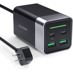 ELEGRP GaNIII 120W Fast Quick Charger Station, Dual USB C Dual USB A Multi-Port, PD 100W Power Adapter for MacBook Pro/Air, iPad, iPhone 14/13/12 Series, Galaxy S22/21, Steam Deck & More