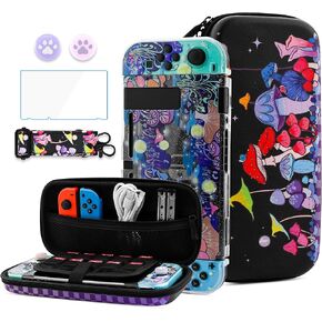 HYPERCASE Cute Mushroom Floral Switch OLED Carrying Case, Portable Travel Accessories Storage Bag with Glitter Switch OLED Protective Cover Skin, Shoulder Strap, Screen Protector & 2 Thump Caps