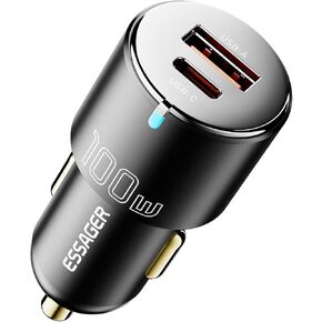 Essager 100W PD3.0/PPS/QC3.0 Fast Charging Car Charger, USB-C & USB-A Quick Charge Universal Car Cigarette Lighter Plug, Aluminium Car Power Adapter for iPhone 15/14/13/12/11/Pro Max, Samsung Galaxy