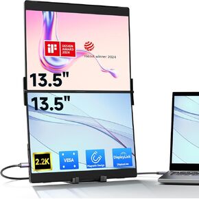 JSAUX FlipGo 13.5" 2.2K Dual Touchscreen Portable Monitor, Triple Laptop Touch IPS Screen Extender | HiDPI Display | One Cable to Dual Screen | Built-in HUB | Magnetic Design for Windows