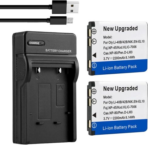 2 حزمة 2200 مللي أمبير بطارية وشاحن USB بديل لأوليمبوس Li-42B Li-40B Li42B Li40B FE-230 Pentax D-Li63 NP-45 NP-45A EN-EL10 D-Li63 D-Li108 NP-80 CNP80 KLIC-7006 البطارية in Kuwait