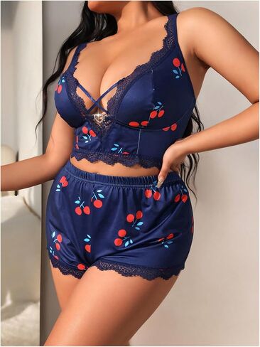 SOLY HUX Women's Plus Size Cute Print Lace Trim Lingerie Set Bra and Panty Underwear Sets in Saudi Arabia