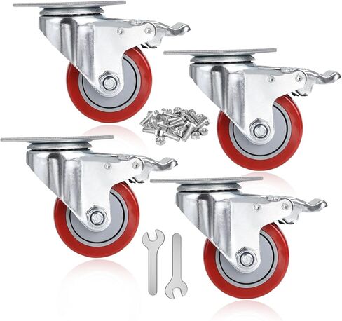 عجلات COOCHEER، عجلات شديدة التحمل مقاس 3 بوصات، تحميل 2000 رطل، عجلات تحمل قابلة للقفل مع فرامل، عجلات دوارة بلوحة علوية 360 درجة للأثاث ومنضدة العمل، مجموعة عجلات من 4، أحمر (مسامير مجانية) in Kuwait