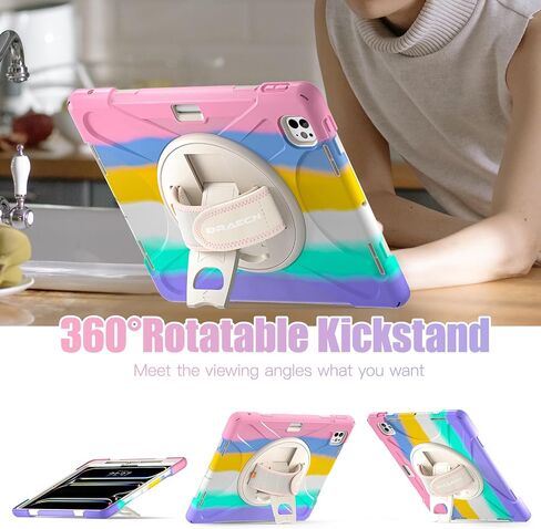 حافظة BRAECNstock للأطفال لجهاز Apple iPad Pro 13 بوصة 2024 الجيل السابع مع حزام يد دوار + حامل قلم حامل حزام كتف مقاوم للصدمات غطاء حماية iPad Pro 13 بوصة M4 - وردي ملون in Kuwait